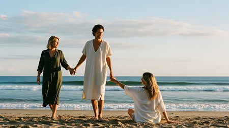 Happy young couple holding hands while walking on beach with their teenage daughterの素材