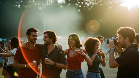 Group of friends having fun at music festival, dancing and having funの素材