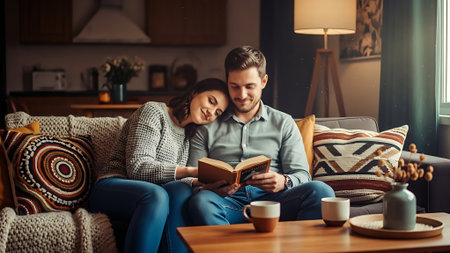 Beautiful young couple is reading a book and smiling while sitting on sofa at homeの素材