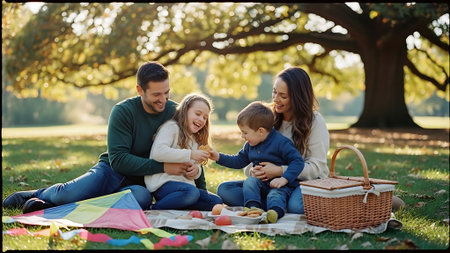 Happy family having picnic in the park. Mother, father and children having fun together outdoors.の素材