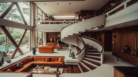 Interior of a modern living room with a wooden staircase and a sofaの素材