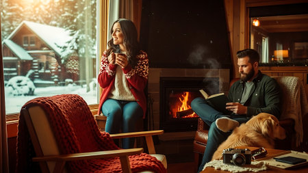 Young couple in love, man and woman, sitting on the windowsill, reading a book, drinking hot tea or coffee, next to the fireplace.の素材