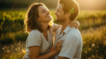Happy young couple in love hugging and smiling in the field at sunsetの素材