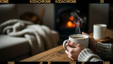 Cup of coffee in the hands of a girl in a knitted sweater on the background of the fireplaceの素材