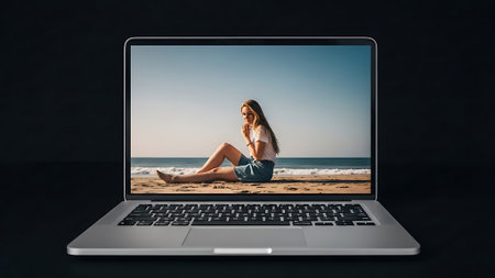 Young woman sitting on laptop screen on the beach. 3d rendering.の素材