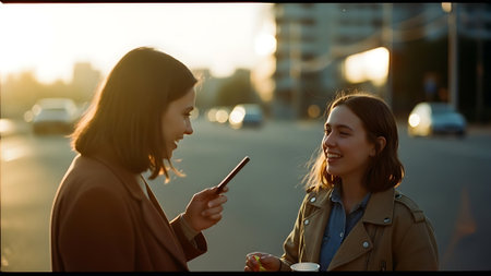 Two young women talking and drinking coffee in the city at sunset.の素材