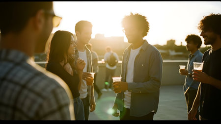 Group of young people having fun on a rooftop party at sunset.の素材