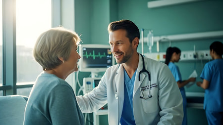 Doctor and patient discussing something while sitting at the table in the hospitalの素材