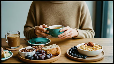 Close up of woman hands with cup of coffee and various snacks for breakfastの素材