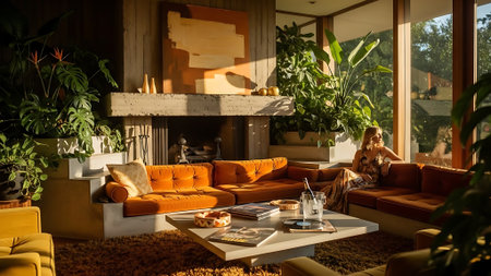 Interior of a cozy living room with orange sofa, coffee table and fireplaceの素材