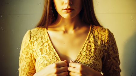 Sexy young woman in yellow blouse. Close up portrait.の素材