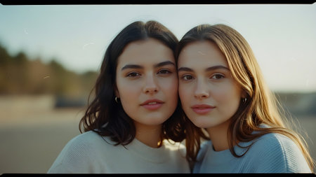 Portrait of two young beautiful women in the city at sunset.の素材