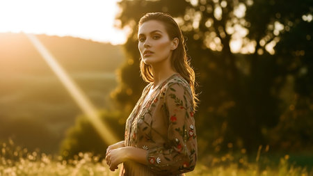 Beautiful young woman walking in the field at sunset. Beauty, fashion.の素材