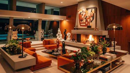 Interior of a hotel lobby with an orange sofa and a fireplaceの素材