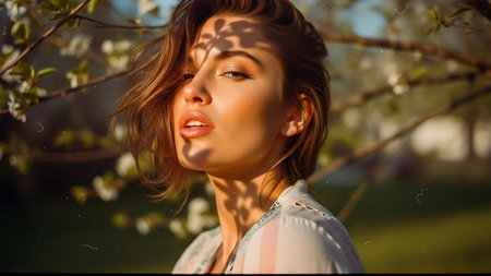 Portrait of a beautiful young woman on the background of flowering trees.の素材