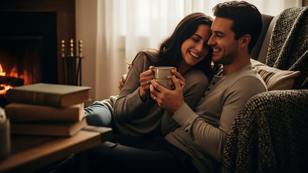 Couple in love sitting in front of fireplace and drinking coffee at homeの素材