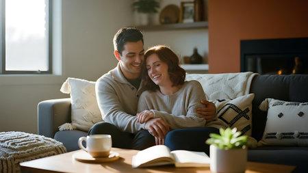 Happy young couple sitting on sofa in living room at home, looking at camera and smilingの素材