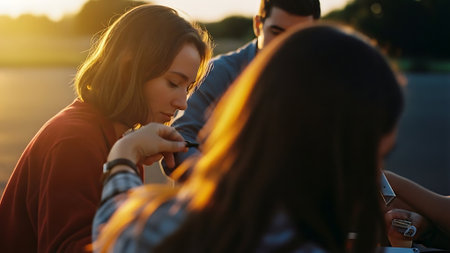 Beautiful young woman with long brunette hair in a red sweater and blue jeans is sitting on the embankment at sunset.の素材