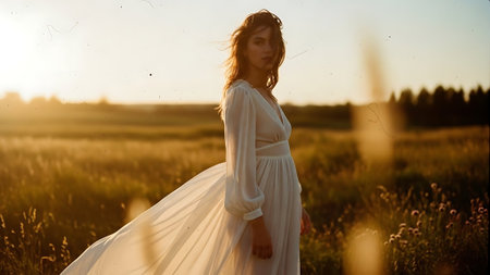 Beautiful young woman in white dress walking in the field at sunsetの素材