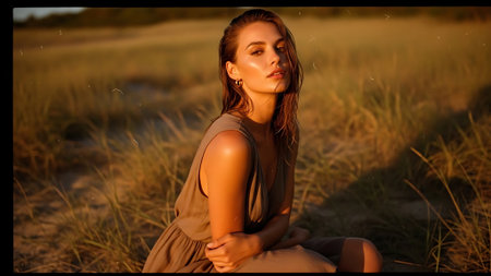 Beautiful young woman sitting on the sand in the field at sunsetの素材