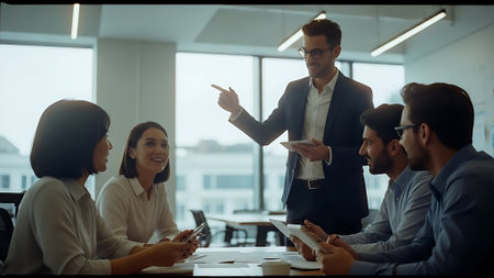 Group of business people discussing business plan in the office. Selective focus.の素材