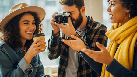 Young man and woman are photographing with a camera and drinking coffee.の素材