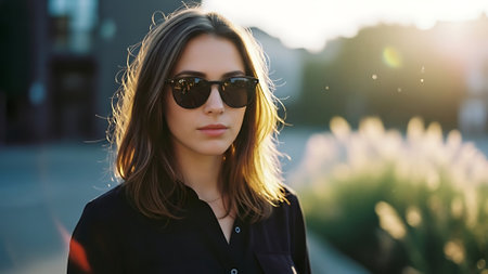 Portrait of a young beautiful woman in sunglasses on the street.の素材