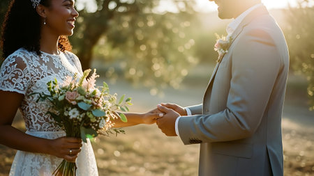 Wedding couple holding hands. Handsome man and beautiful woman holding hands.の素材
