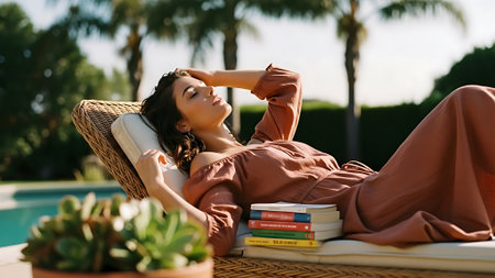 beautiful young woman lying on chaise lounge with books and looking awayの素材