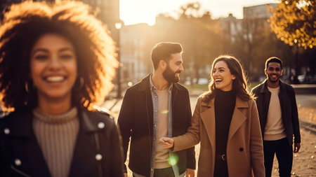 Group of young multiethnic friends walking in the city at sunsetの素材