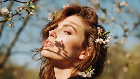 Portrait of a beautiful young woman in spring blooming garden.の素材