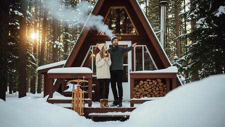 Man and woman in winter forest. Man and woman in winter forest.の素材