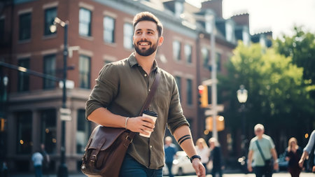 Handsome young man with coffee cup walking in the city.の素材
