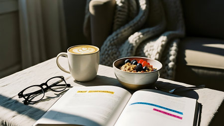 Coffee and oatmeal with berries on a table with a bookの素材
