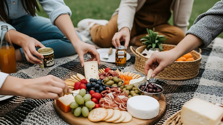 cropped shot of friends having picnic with appetizers on plaidの素材