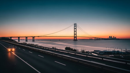 San Francisco Bay Bridge at sunrise, California, United States of Americaの素材