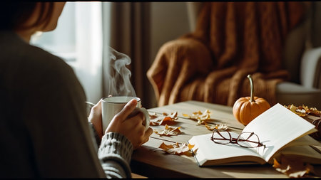 Close-up of a woman sitting at the table with a cup of coffee and a book. Autumn still life.の素材