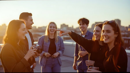 Group of happy young people taking photos on the roof of the buildingの素材