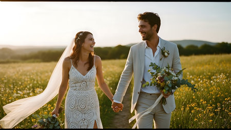 Wedding couple holding hands and walking on the field with flowers.の素材