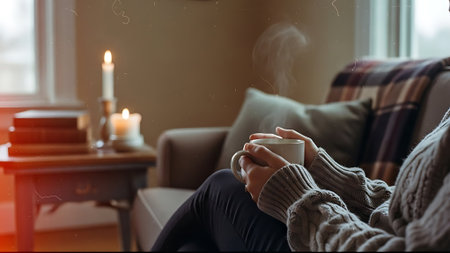 Woman holding a cup of hot coffee in her hands while sitting on the sofa at homeの素材