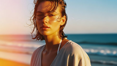 Portrait of a beautiful young woman on the beach at sunset.の素材