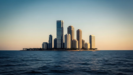 Miami skyline at sunset with skyscrapers and ocean. USA.の素材