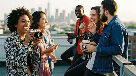 Multiethnic group of friends having fun together on the roof of a buildingの素材