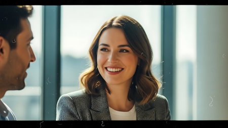 Portrait of happy young businesswoman looking at her colleague in officeの素材