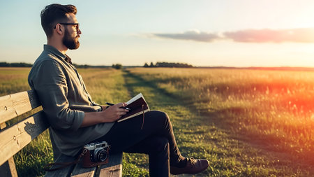 Young bearded man sitting on a bench in the field and reading a bookの素材