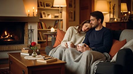 Young couple sitting on sofa and drinking coffee in cozy living room at homeの素材