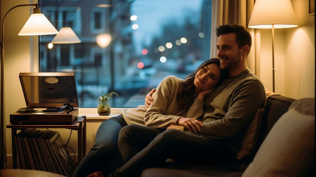Couple sitting on sofa in living room at home and looking at cameraの素材