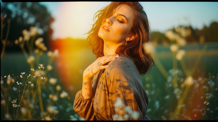 Beautiful young woman in a field of daisies at sunsetの素材