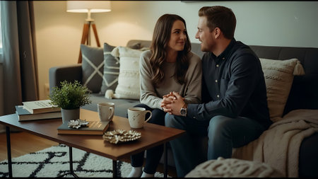 Couple in love is sitting on the couch at home and talking.の素材