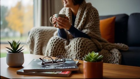 Close up of woman sitting at home with book and cup of coffeeの素材